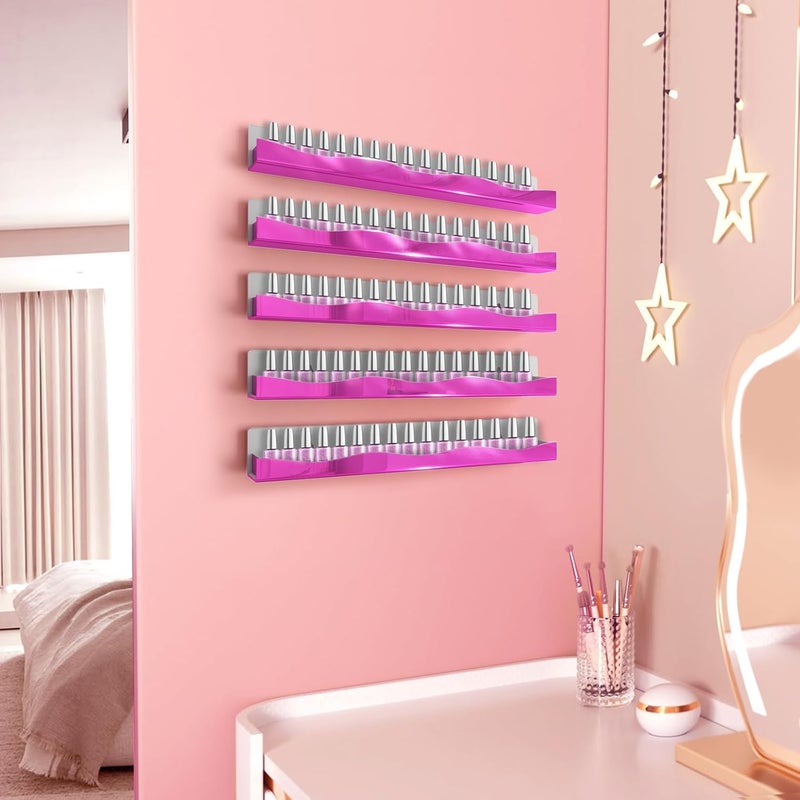 YMVV Wall-Mounted Nail Polish Organizer Rack - 15 Inch Pink Mirror Finish Nail Polish Shelf, Makeup & Beauty Essentials Storage - Multi-Purpose Display Holder for Small Space, Vanity Bathroom, 6 Pack - Image 2